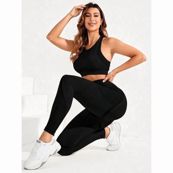 AEXTO Women's Crop Tank Top & High Waist Leggings Athletic Tracksuit Set, Jogging Suit Set, Sporty Breathable Outfits for Yoga Workout Running, Gym Sets for Women, Fitness Clothes