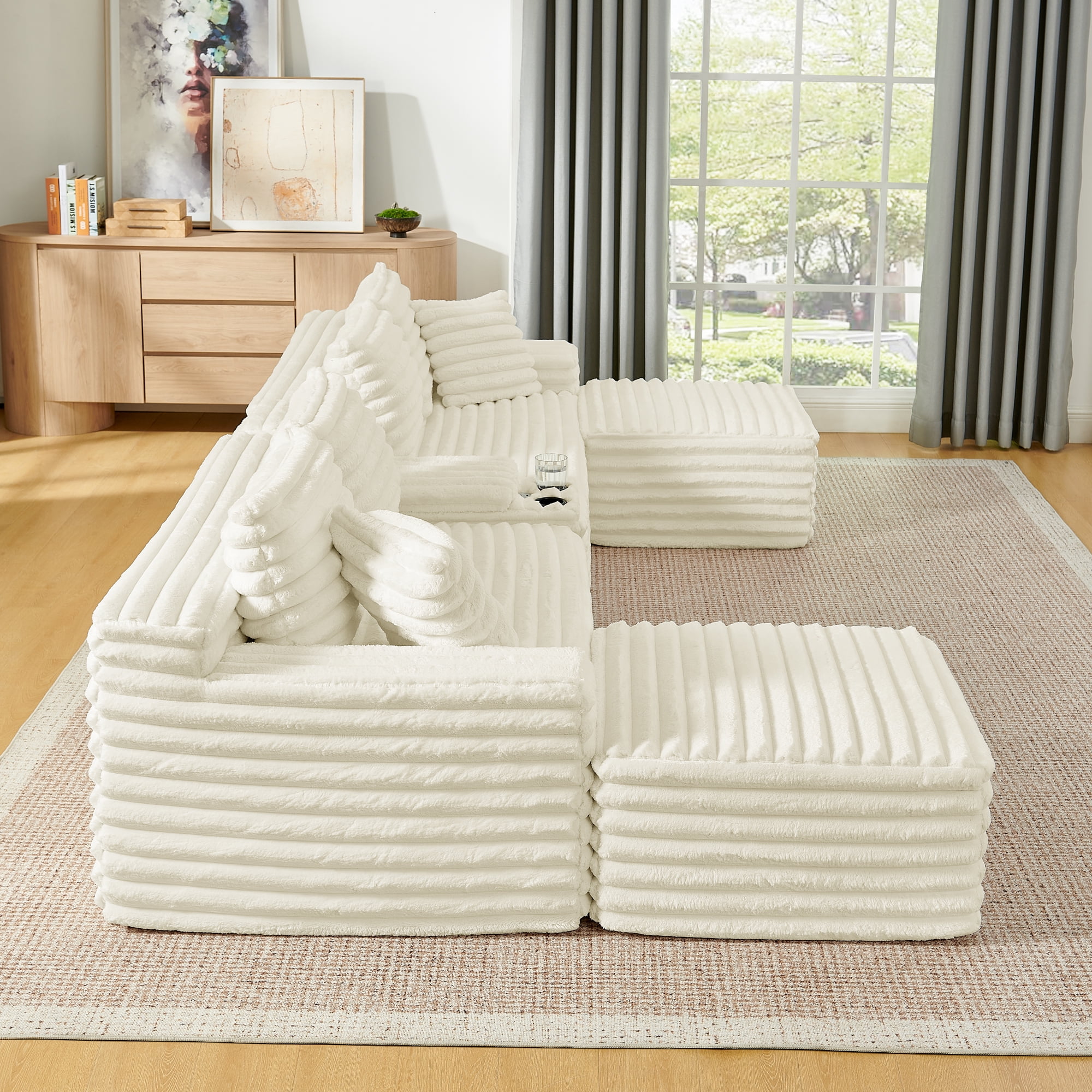 BSHTI 127" Corduroy U Shape Sectional Sofa with Console, Cup Holders, USB Port, 2 Ottomans for Living Room（Beige）