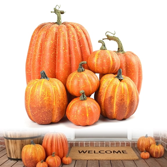 7Pcs Artificial Pumpkins Fall Decoration, Assorted Faux Foam Pumpkins for Halloween, Thanksgiving, Home, Tabletop & Outdoor Porch Decor