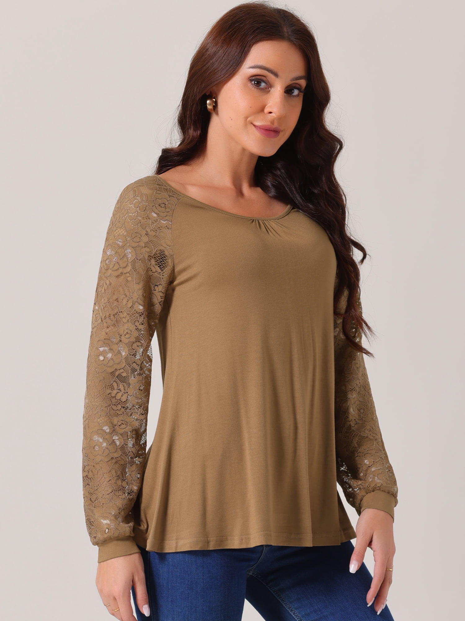 DARING DIVA Women's Lace Long Sleeve Crew Neck Casual Tops L Brown