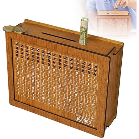 Cash Vault Wooden Savings Box,$10000 Wooden Cash Saver Money Box, Cash Saver Box, Coin Counter Piggy Bank, Money Box with Counter, Wooden Money Box with Money Target and Numbers (Brown)
