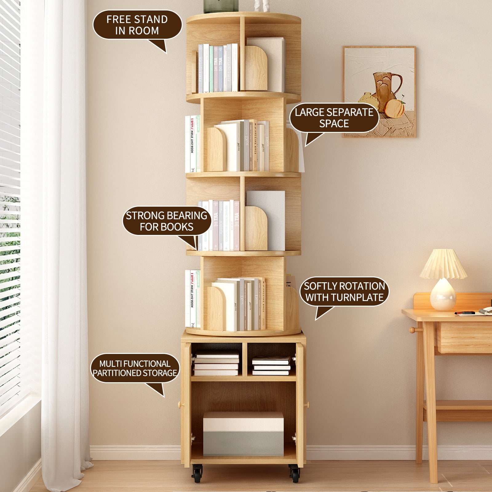 Rotating Bookshelf, 5 Tier Corner Bookcase with Storage Drawer and 360-Degree Rotation, Wood Construction for Home Decor, Natural Wood Finish