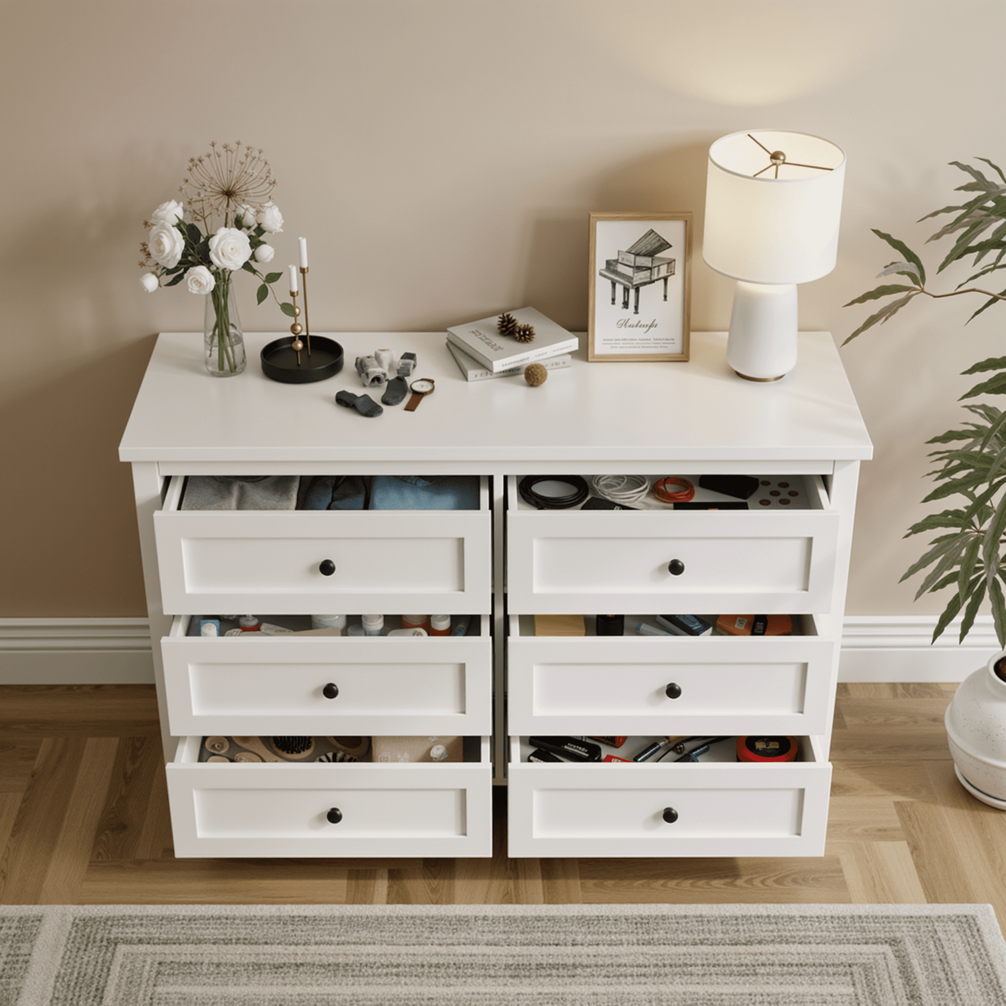 RichYa 6 Drawer Dresser for Bedroom,Chest of Drawers with Metal Knobs,Dresser for Closet,White