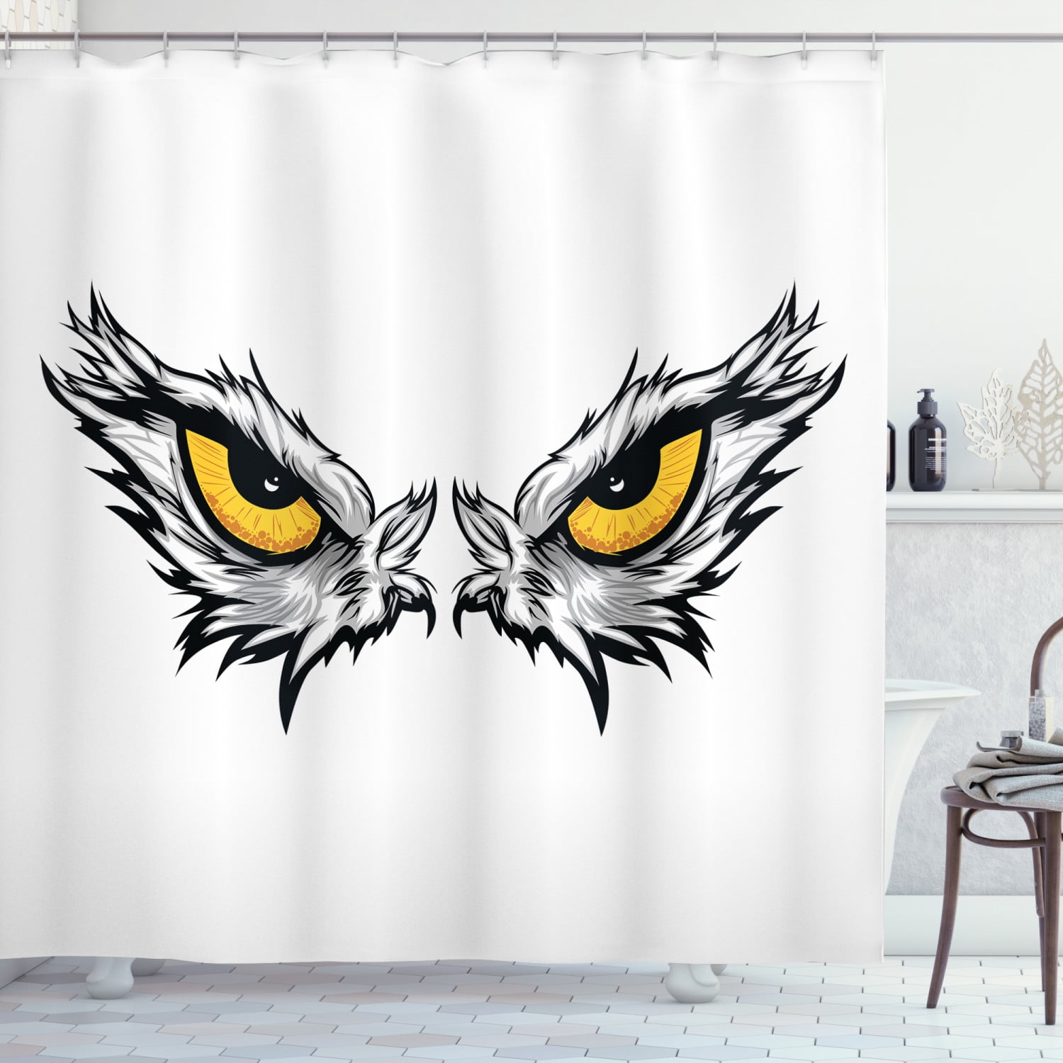 Eye Shower Curtain, Aggressive Gaze of a Bird of Prey Cartoon Mascot Hunter Falcon Eagle Hawk