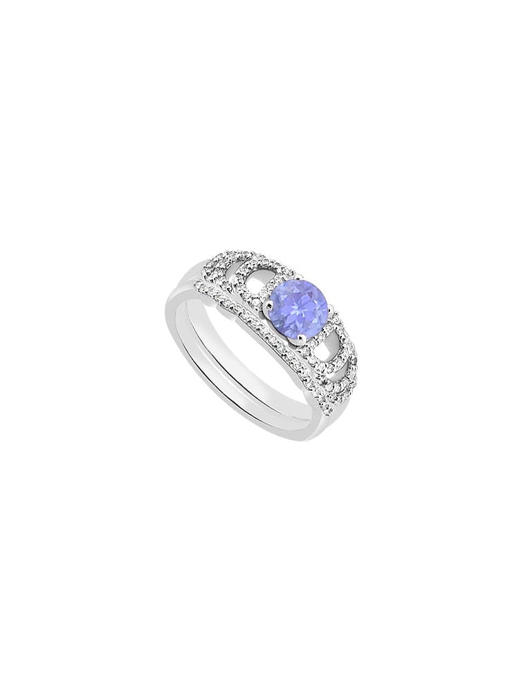 Cubic Zirconia Created Tanzanite Engagement Ring with Cubic Zirconia Band Sets in 14K White Gold by Love Bright