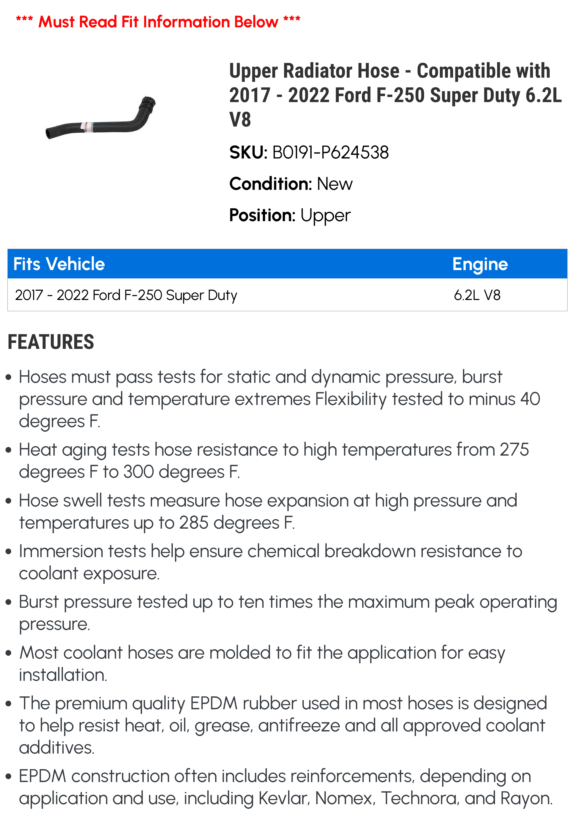 Upper Radiator Hose - Compatible with 2017 - 2022 Ford F-250 Super Duty 6.2L V8 2018 2019 2020 2021