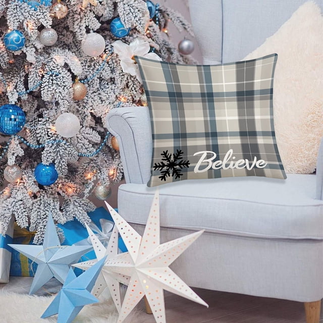 Funda de almohada corta de felpa con adornos navideños de 45 x 45 cm, color azul, con bonito muñeco de nieve, súper suave, estampada, para el sofá, para Halloween, otoño, decoración del hogar, adornos
