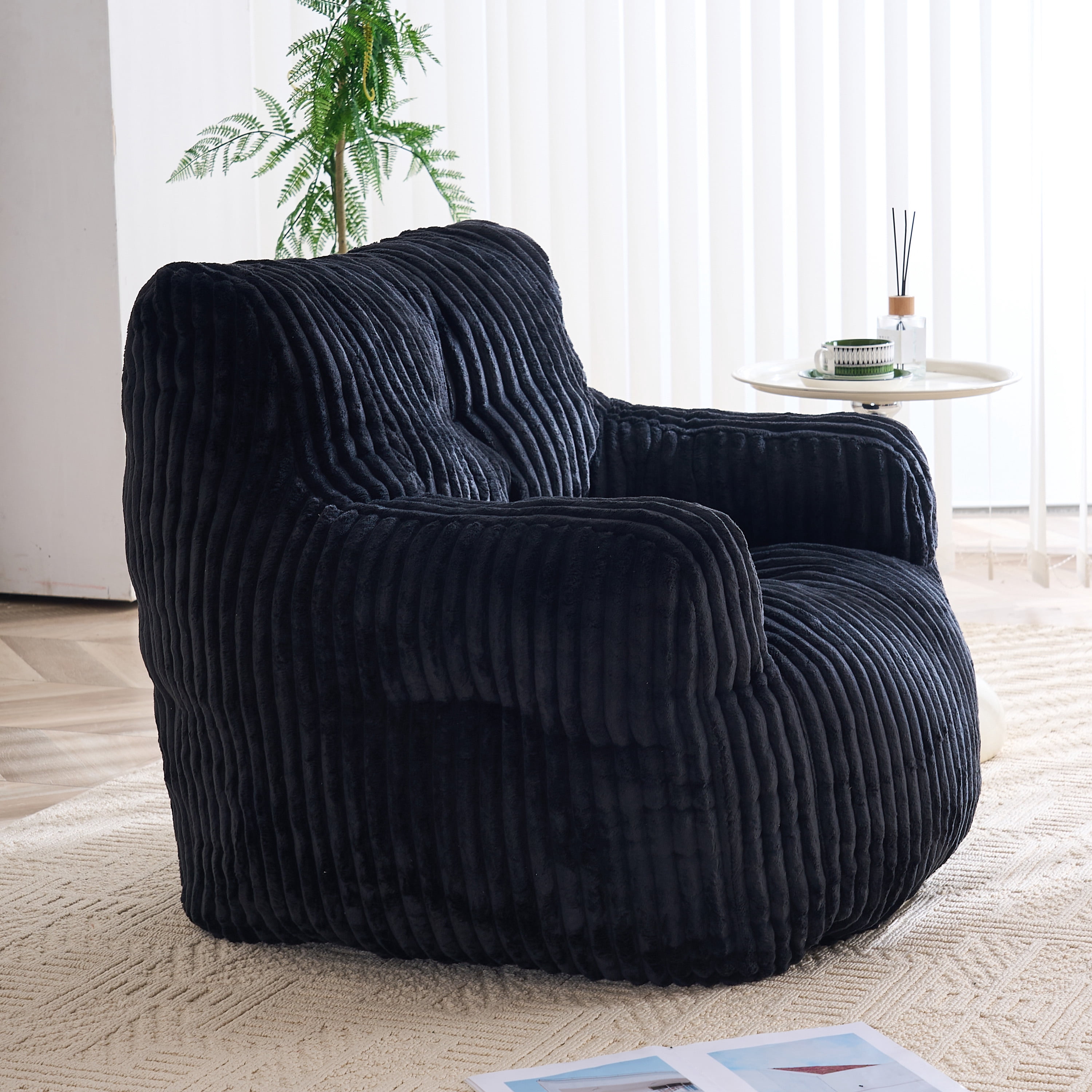 Soft Fluffy Corduroy Fabric Bean Bag Chair Filled With Memory Sponge,Black