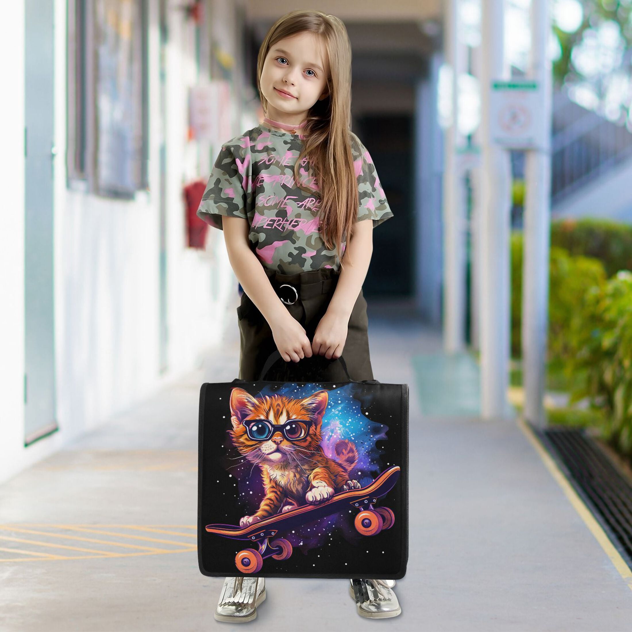 3 Ring Zipper Binder with Shoulder Strap Waterproof Trapper Keeper 1.5 Inch D-Ring 500 Sheets Capacity Cat with Glasses Skateboard