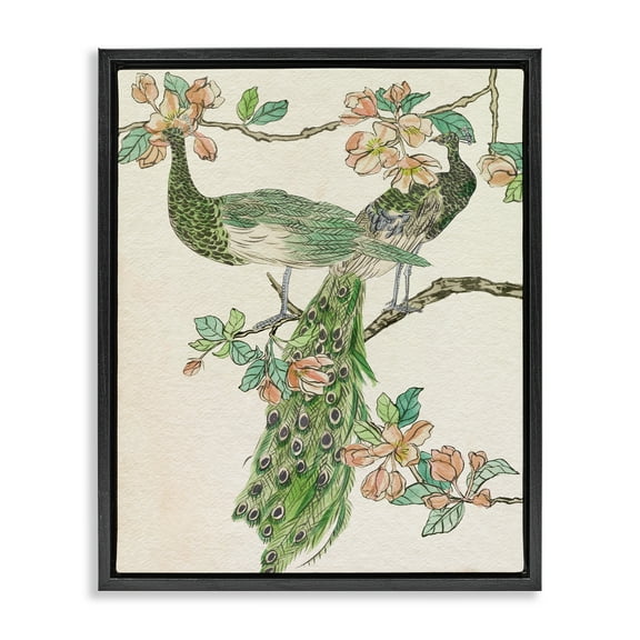 Stupell Industries Peacock & Cherry Blossoms Animals & Insects Painting Black Floater Framed Canvas Art Print Wall Art, 17 x 21