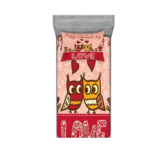 Ambesonne Valentines Day Fitted Sheet & Pillow Sham Set, Owls Love Heart, Twinxl, Pink Red Yellow