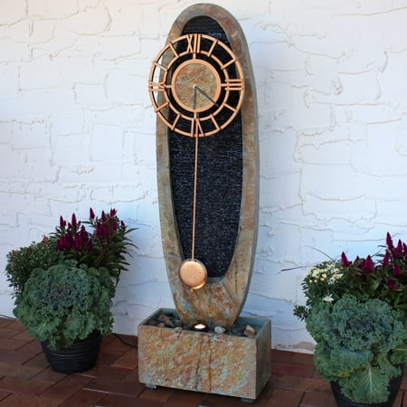 Natural Slate Water Wall - Sunnydaze Floor Water Fountain with Clock, Natural Slate, Outdoor Use, Unique Oval Shape, 48-Inch Tall