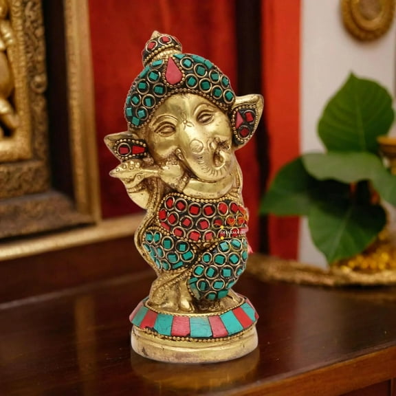 Stone Ganesha Statue Playing Bansuri