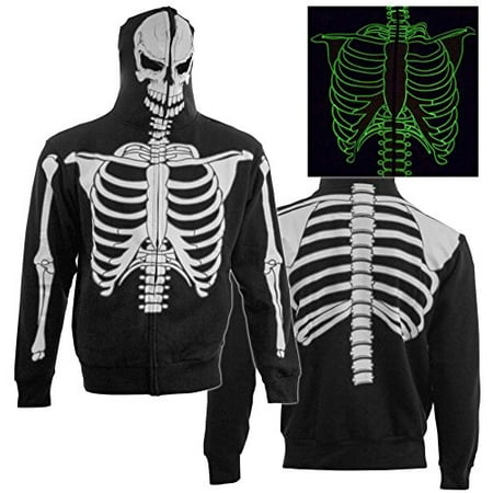 Zip Hoodie: Glow in The Dark Skeleton Costume Top (Front/Back) Size