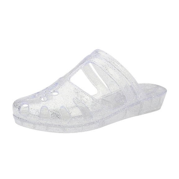 JeashCHAT Slip On Slide Sandals for Women Summer New Closed Toe Sandals Soft Sole Transparent Crystal Jelly Casual Slippers (White)