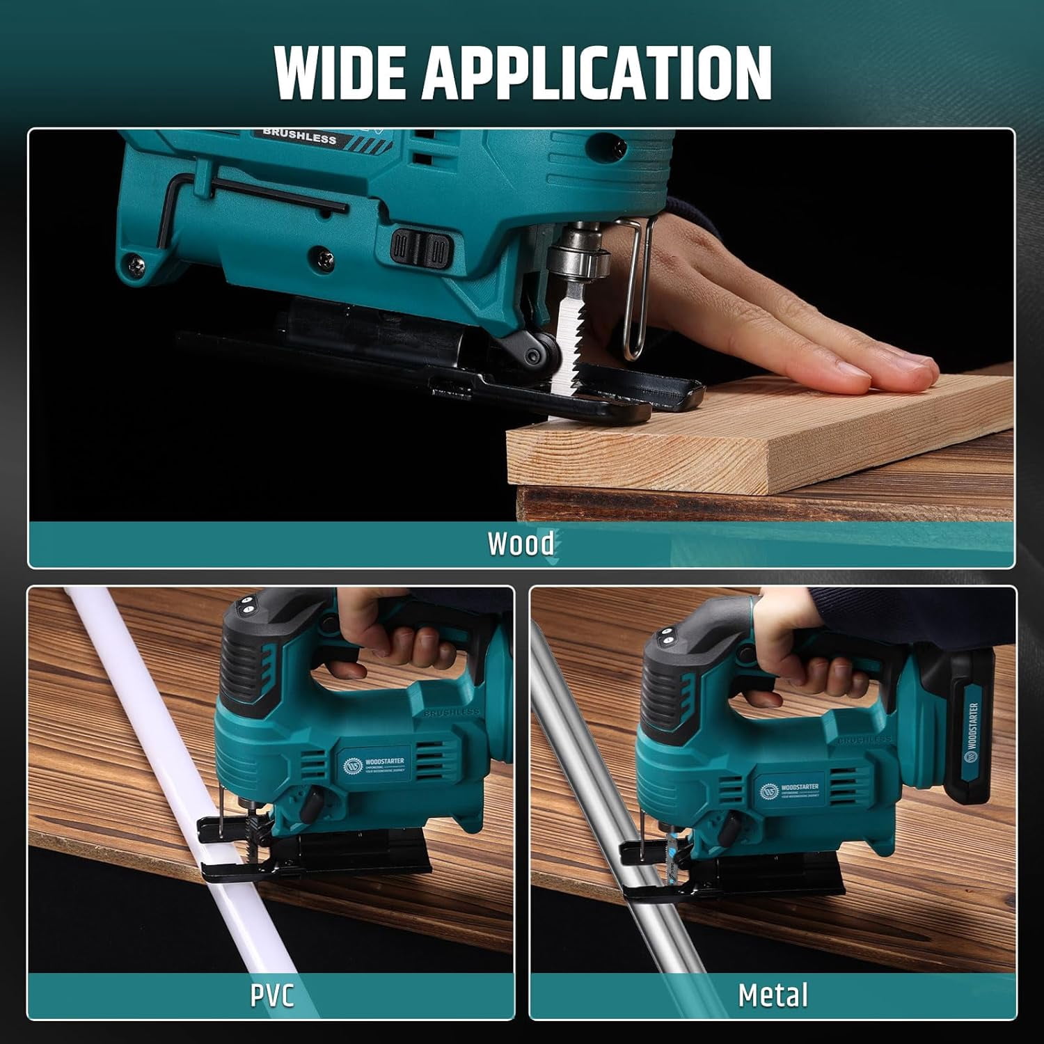 WOODSTARTER Cordless Jig Saw with Brushless Motor, 3 Adjustable Speed Settings, 45°-90° Cutting Angle, Compatible with T-Shaped Blades, Includes Dust Blowing Feature (Tool Only)