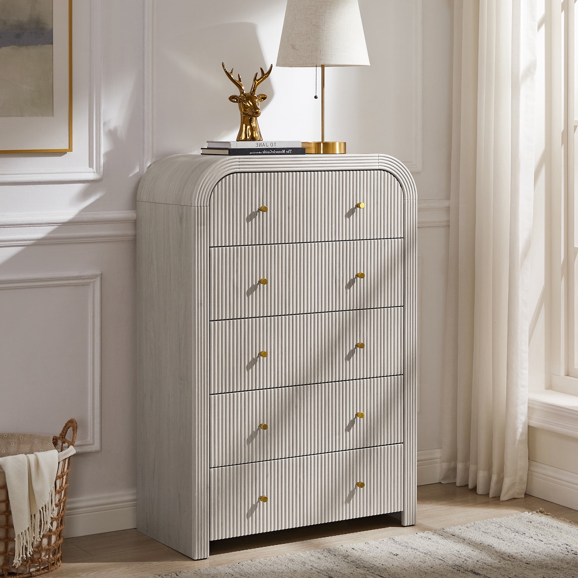 KeyWhat Modern 5-Drawer Dresser, 48" Fluted Tall Chest of Drawers with Curved Profile and Metal Handles, Wood Storage Cabinet for Bedroom, Living Room and Hallway, White Alder