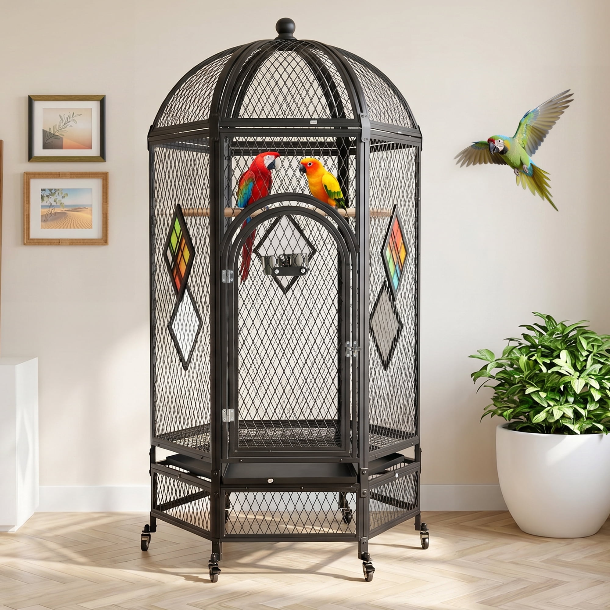 Okeysen 69 inch Large Rolling Bird Cage, Indoor Outdoor Aviary for Parakeets, Cockatiels, Conures, Lovebirds, Finches & Canaries