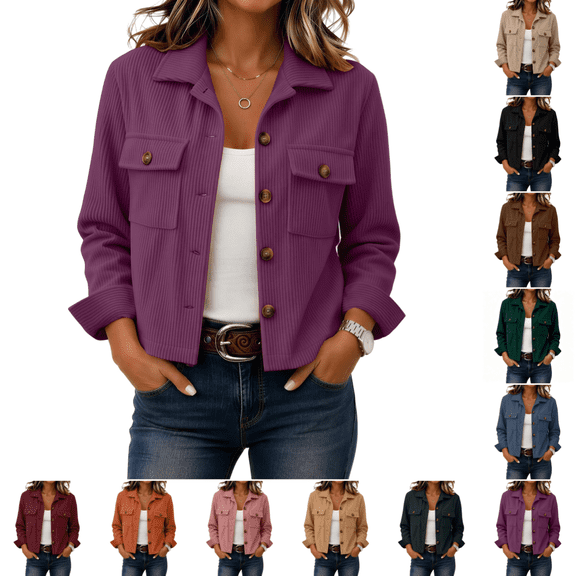 Womens Corduroy Jacket Stylish Casual Cropped Shacket Jackets Spring Fall Comfortable Long Sleeve Button Down Coats Dark Purple M