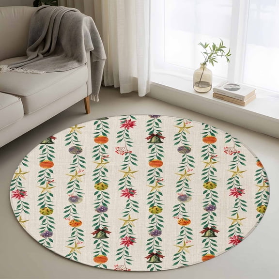 Round Rugs 4Ft, Christmas Round Area Rug Washable Indoor Throw Carpet, Green Botanical Xmas Balls Star Rustic Soft Non Slip Circle Rug for Kitchen Nursery Room Home Decor Aesthetic