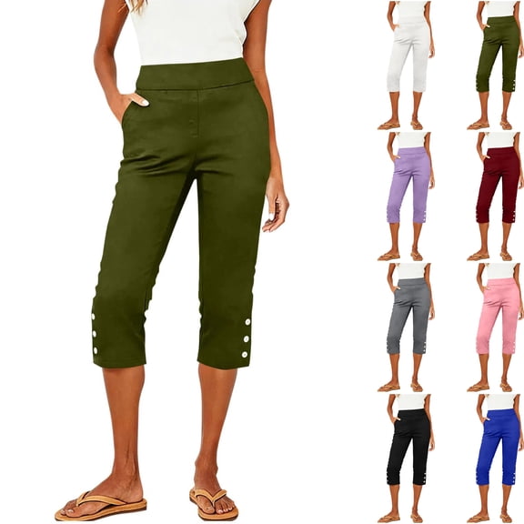 Women's Elastic Waist Print Denim Cropped Capri Pants with Pockets Comfortable and Breathable for Daily Wear