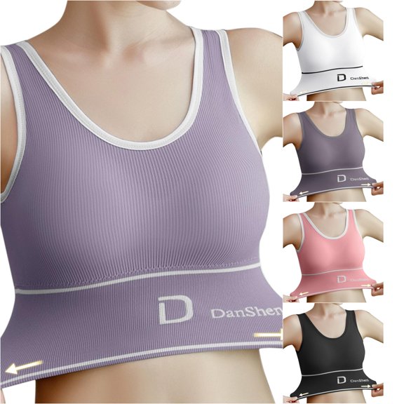 Ladies Wide‑Shoulder‑Strap Yoga Crop‑Top Bra Elastic Ribbed Fabric Casual Sport Layering Vest