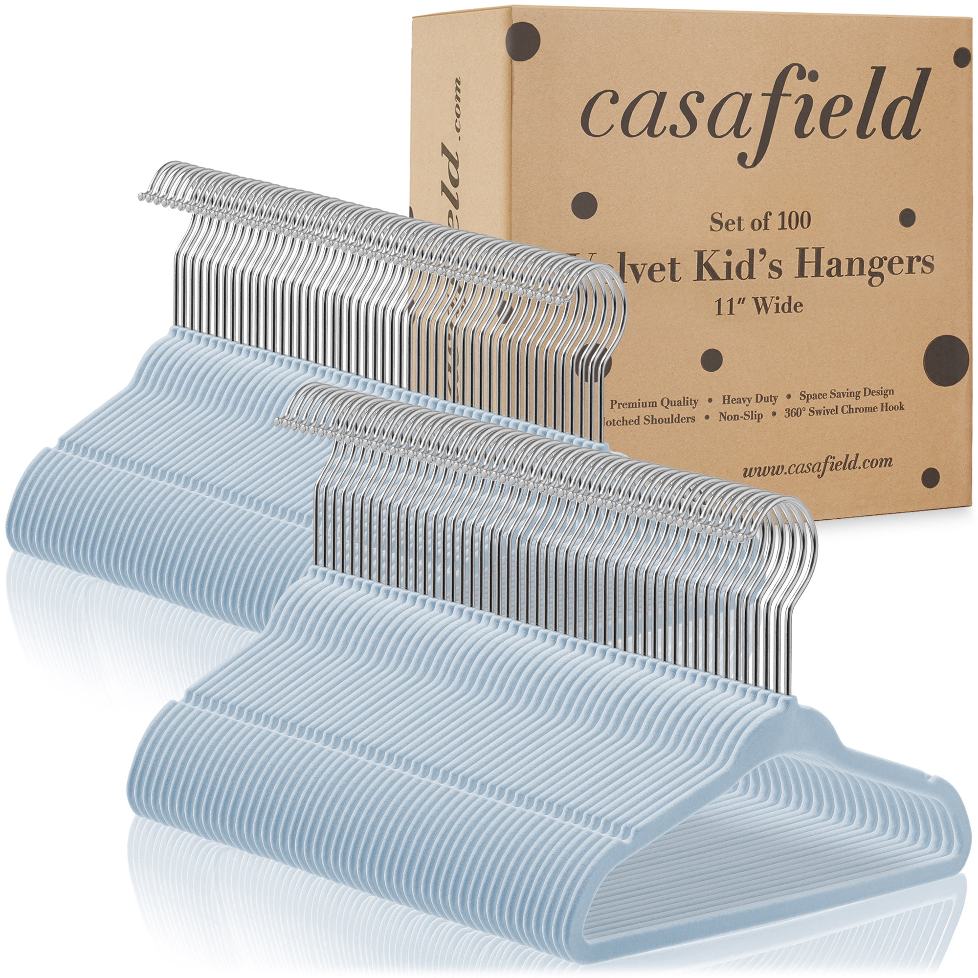 Casafield 100 Velvet Baby Hangers for Infant & Toddler Clothes, 11" - Light Blue