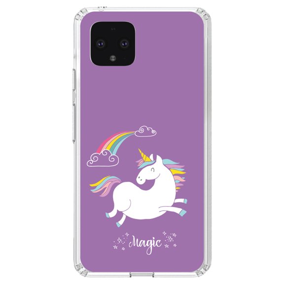 DistinctInk Clear Shockproof Hybrid Case for Google Pixel 4 XL (6.3" Screen) - TPU Bumper, Acrylic Back, Tempered Glass Screen Protector - Unicorn - Rainbown - Magic - Purple