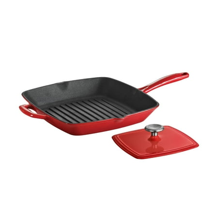 - Tramontina Gourmet Enameled Cast Iron 11-inch Grill Pan with Press - Gradated Red
