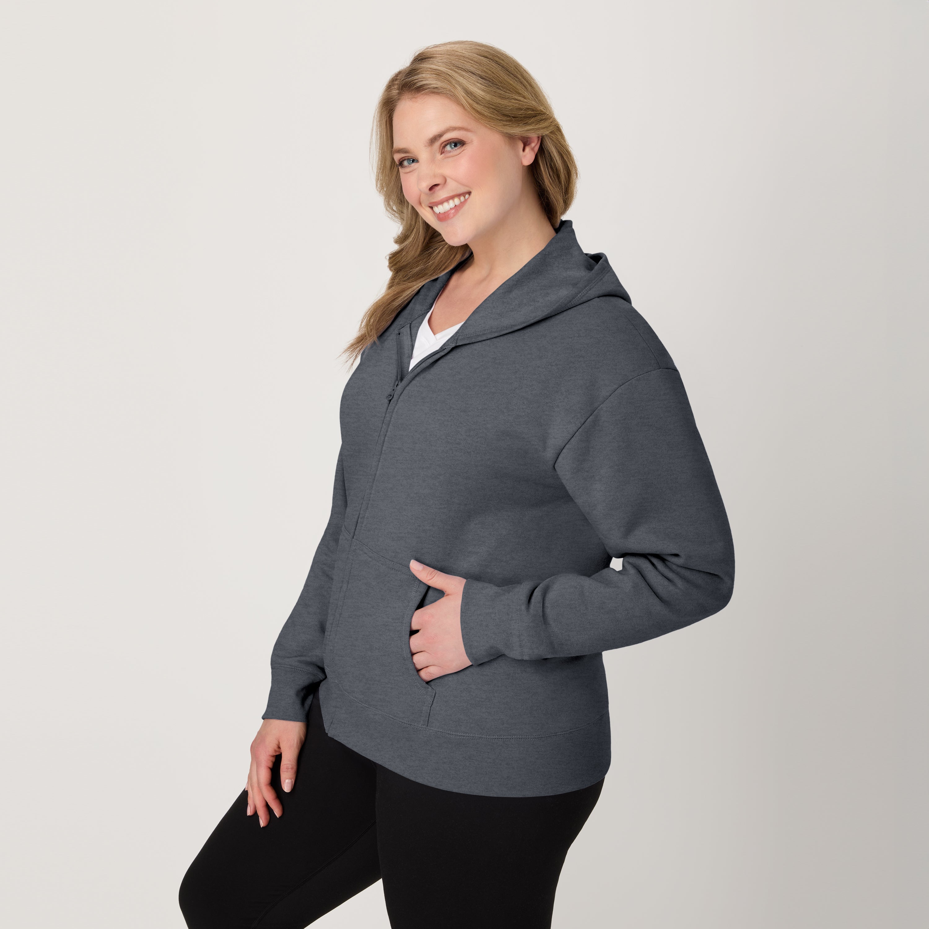 Hanes EcoSmart Women's Full-Zip Fleece Hoodie, Slate Heather photo 2