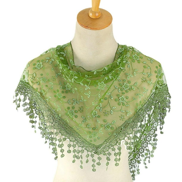 Elegante bufanda triangular transparente con borlas de encaje para mujer, diseño floral, ligera y transpirable, multifuncional para cuello, cabeza, cabello y muñecas.