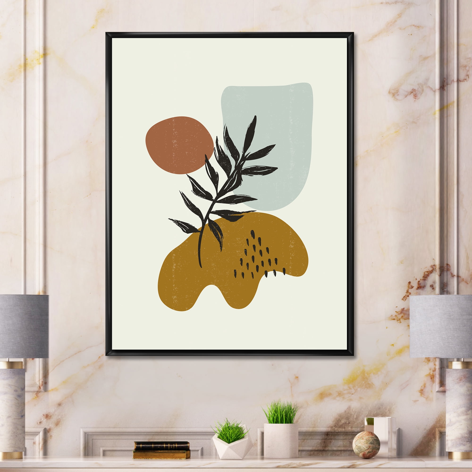 Designart 'Abstract Shapes With Botanical Minimalist Leaf II' Modern Framed Canvas Wall Art Print