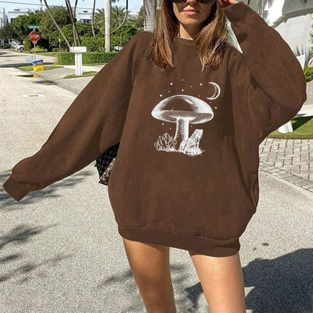 ZQGJB Vintage Graphic Sweatshirts for Women Moon Mushroom Aesthetic Pullover Tops Casual Fashion Long Sleeve Shirts (Coffee,L) - Walmart.com