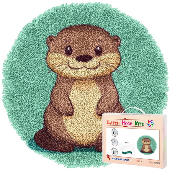 Latch Hook Rug Kit Cartoon Cute Otter Stamped Handmade Round Shape Carpet Crochet Yarn Craft DIY Hook and Latch Door Mat Tapestry for Home Floor Decor 50x50cm(2)