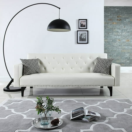 Modern Tufted Bonded Leather Sleeper Futon Sofa With Nailhead White Modern Tufted Bonded Leather Sleeper Futon Sofa With Nailhead White
