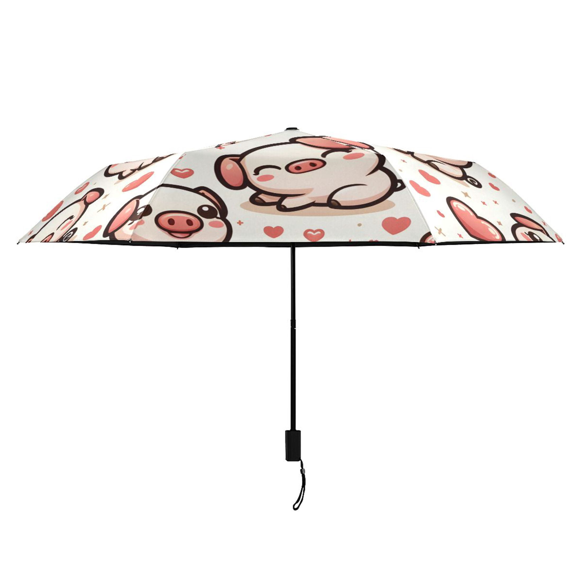 Cute Pig with Hearts Compact Sun Umbrella Windproof Travel Umbrellas for Rain Strong Portable UV Protection