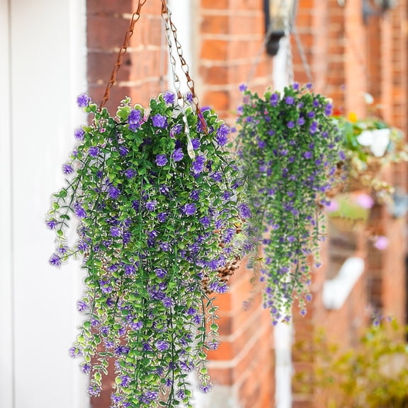 Fake Hanging Plants,3pc Artificial Hanging Flowers for Outdoors,Outdoor Faux Plants,Spring Fake Silk Violets with Eucalyptus Realistic Uv Resistant Trailing Vines Porch Yard Indoor Wedding Favors