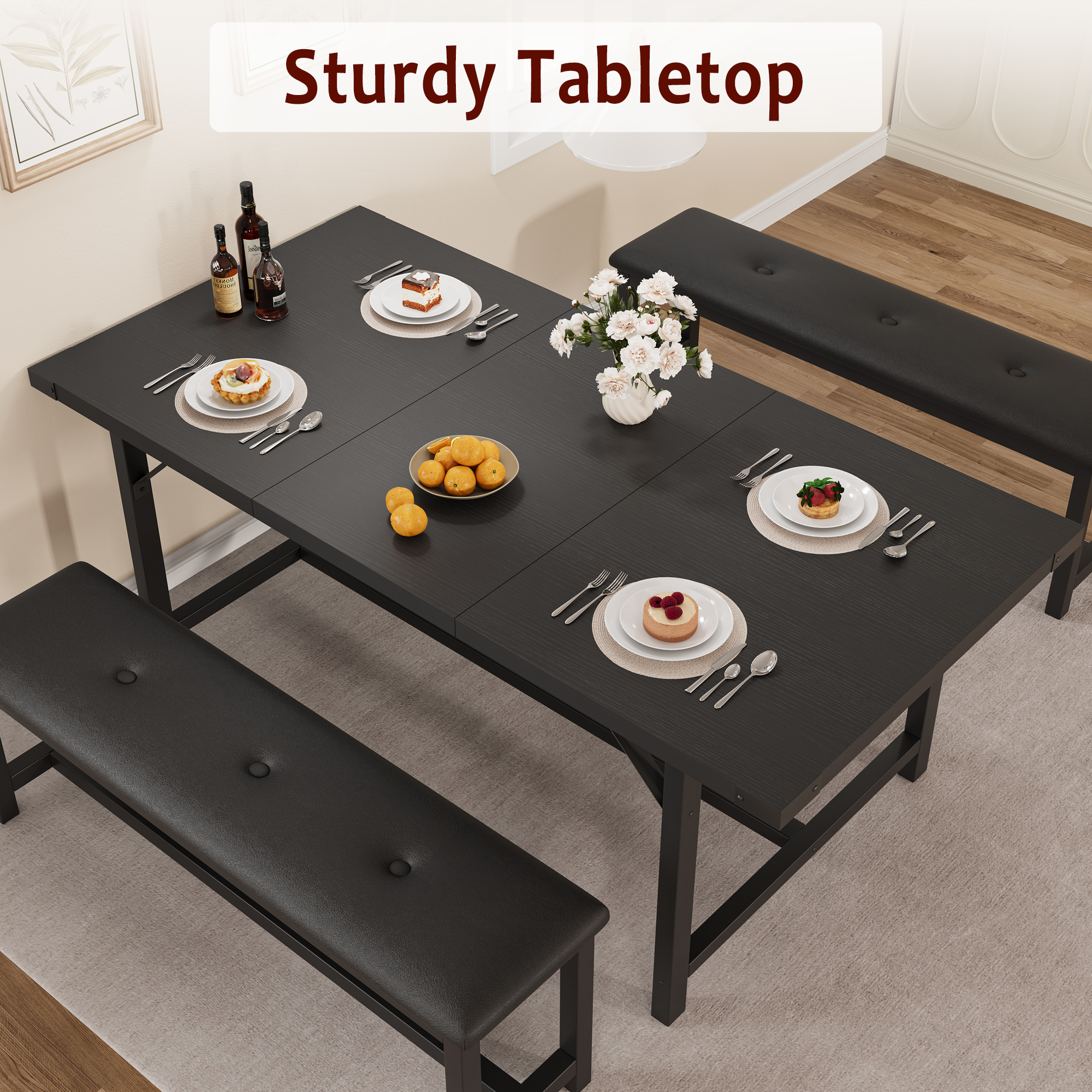 Extendable Dining Table Set for 4 to 6 People, Industrial Wood Table with 2 Upholstered Benches, Metal Corner Protectors for Small Space Apartment