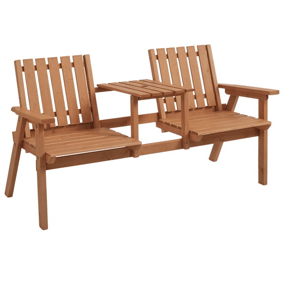 Garden Loveseat with Center Table and Parasol Hole, Fir Wood 2-Seater Outdoor Bench for Patio and Porch, Orange