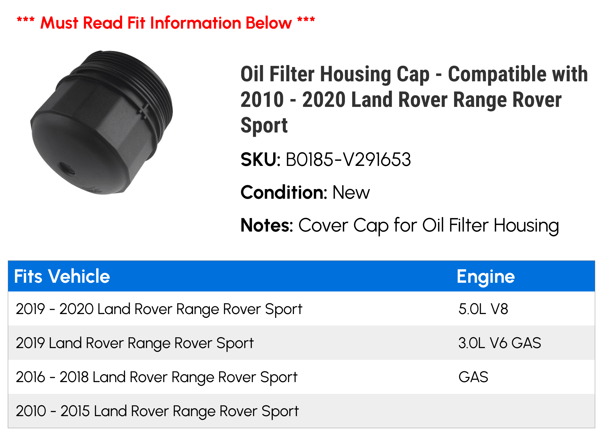 Oil Filter Housing Cap - Compatible with 2010 - 2020 Land Rover Range Rover Sport 2011 2012 2013 2014 2015 2016 2017 2018 2019