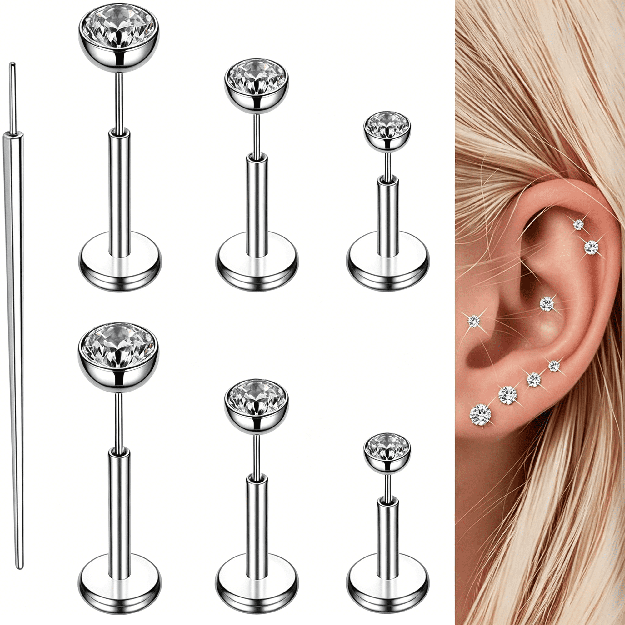 DESIGNICE 16G 18G 20G Flat Back Earrings Stud Titanium Threadless Nose Rings Tragus Labret Cartilage Lip Medusa Conch Body Piercing Jewelry Hypoallergenic for Women Men