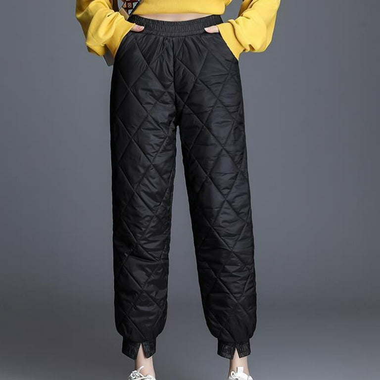 RQYYD Women's Lightweight Puffy Pants Elastic High Waist Quilted Snow Pants  Puffer Winter Trousers for Ski Camp Black L