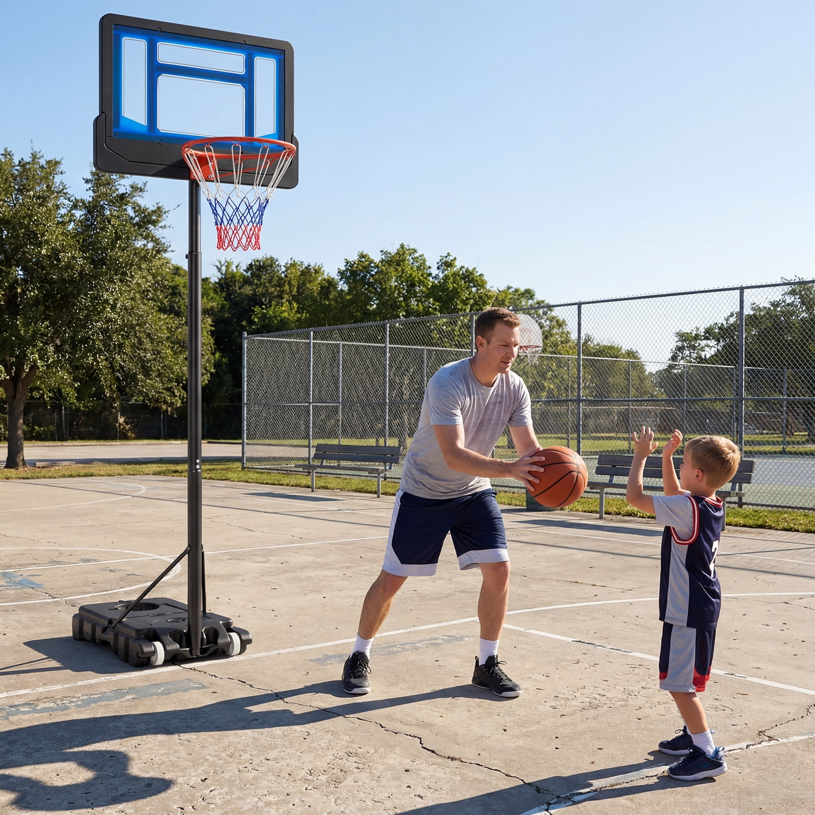 Patiojoy Basketball Hoop Portable Basketball Stand with Rolling Wheels 4.3-8.2FT Adjustable Height PE Backboard Fillable Base Blue