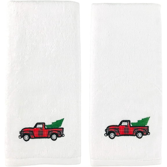 Serafina Home Farmhouse Christmas Hand Towels: Plush Velour Cotton Embroidered Forest Trees Decorative Plaid Truck, Set of 2