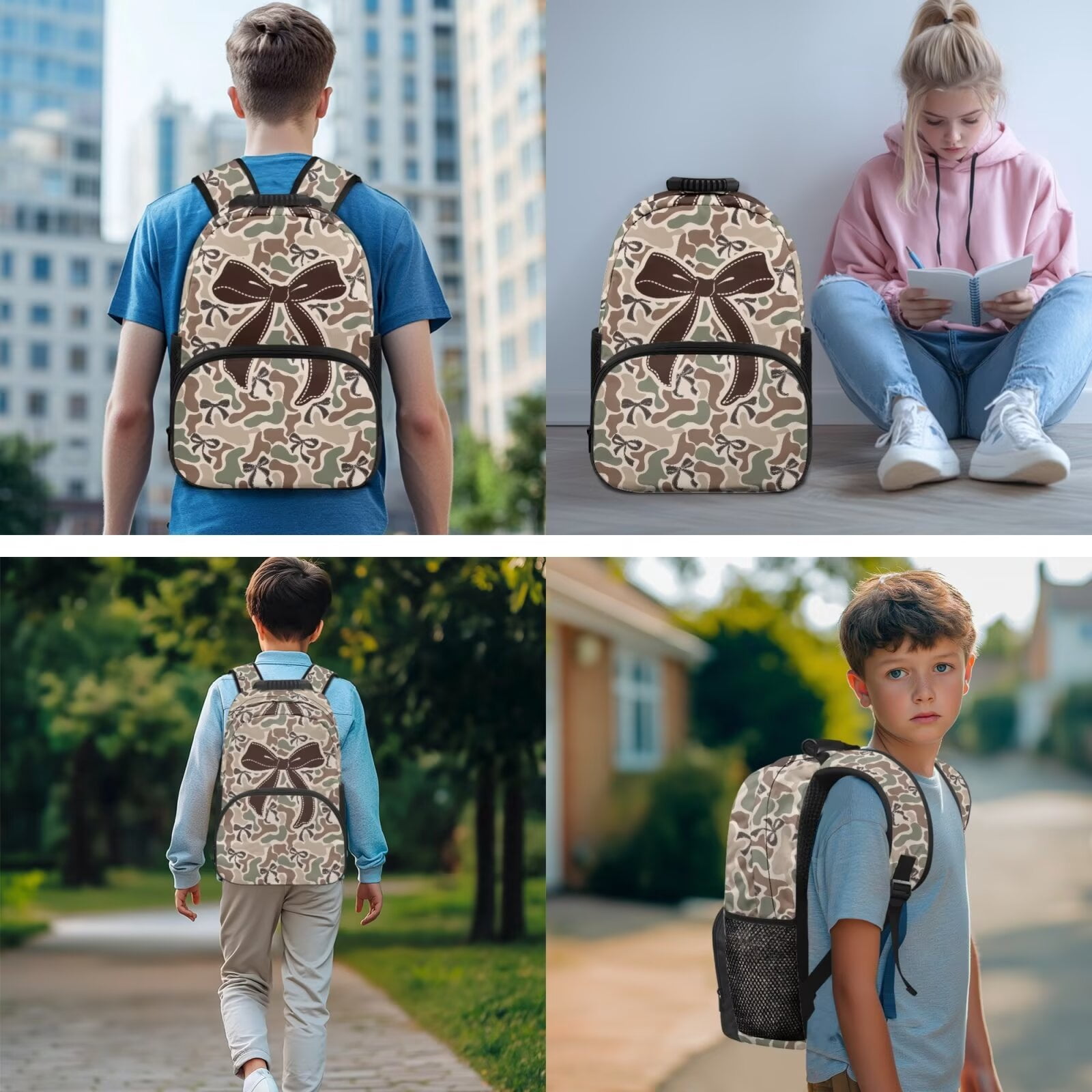 Pzuqiu Camo Bow Print 4 Pieces Backpack Set with Insulated Lunch Box Pencil Case 2pcs Bookmark Lightweight School Bags Set 17 Inch Bookbags for Kids Back to School