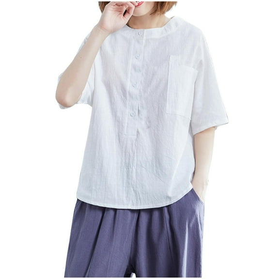 ABATAB Womens Cotton Linen Shirts Button Down Casual Half Sleeve Tee Summer Lightweight Bussiness Tops with One Pocket