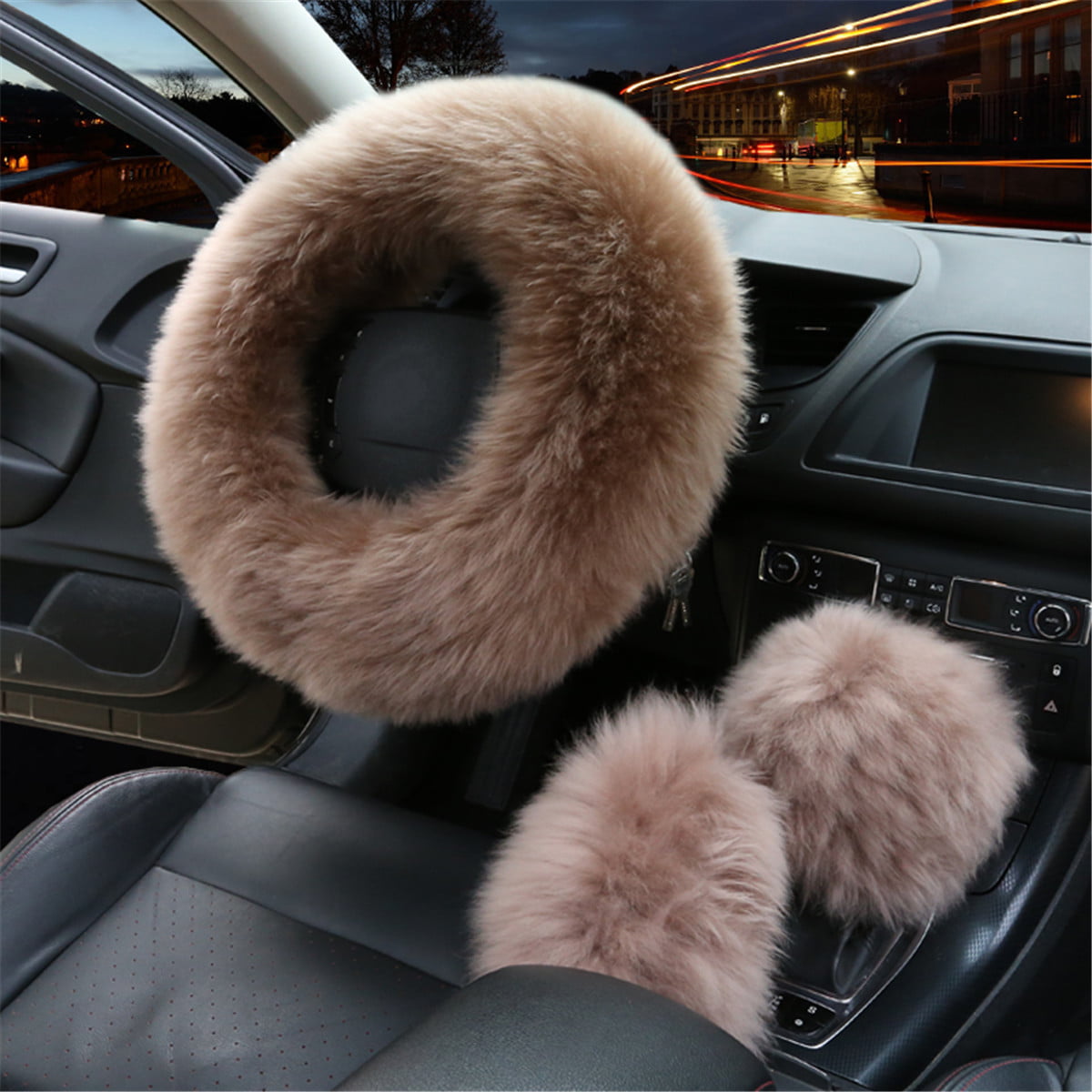 3Pcs Plush Fur Fluffy Car Steering Wheel Cover Handbrake Cover Gear Knob Cover