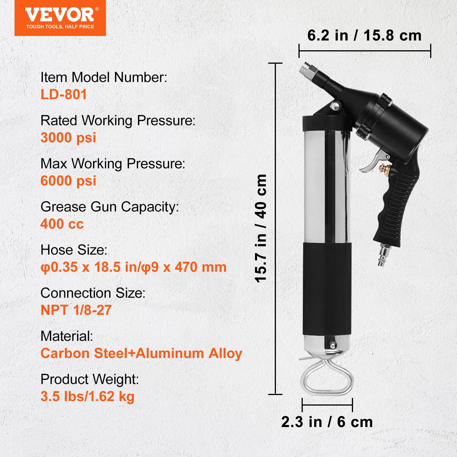 VEVOR Air Operated Grease Gun, 6000PSI, 14 OZ/400 CC Capacity Heavy Duty Pneumatic Grease Gun, with 18.5 Inch Flexible Hose,1 Black Flat Coupler Pointed Coupler Bent Metal Pipe Locking Clamp Coupler
