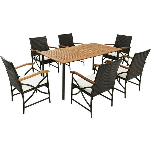Spaco 7-Piece Outdoor Dining Set with Thickened Metal Aupporting Legs, Dining Set with Acacia Wood Table and 6 Wicker Rattan Armrest Chairs, Dining Set for Outdoor, Natural