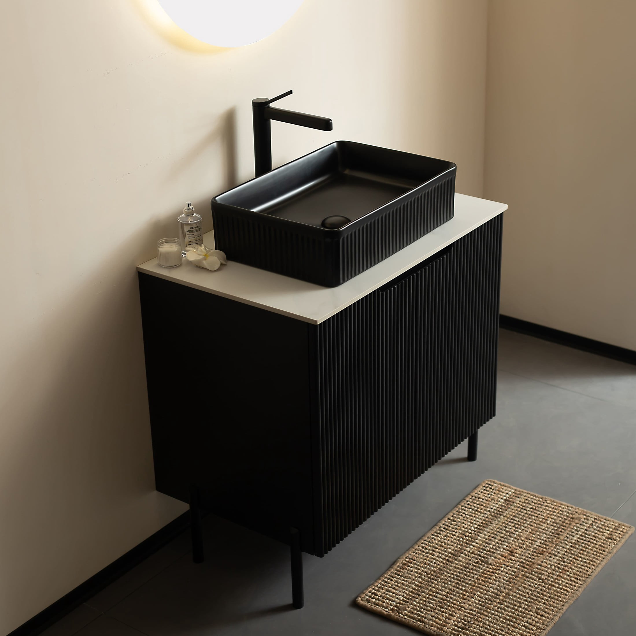 Noble House TURIO 30" Bathroom Vanity with Sintered Stone Countertop, Storage Cabinet, Black Rectangle Basin, Black